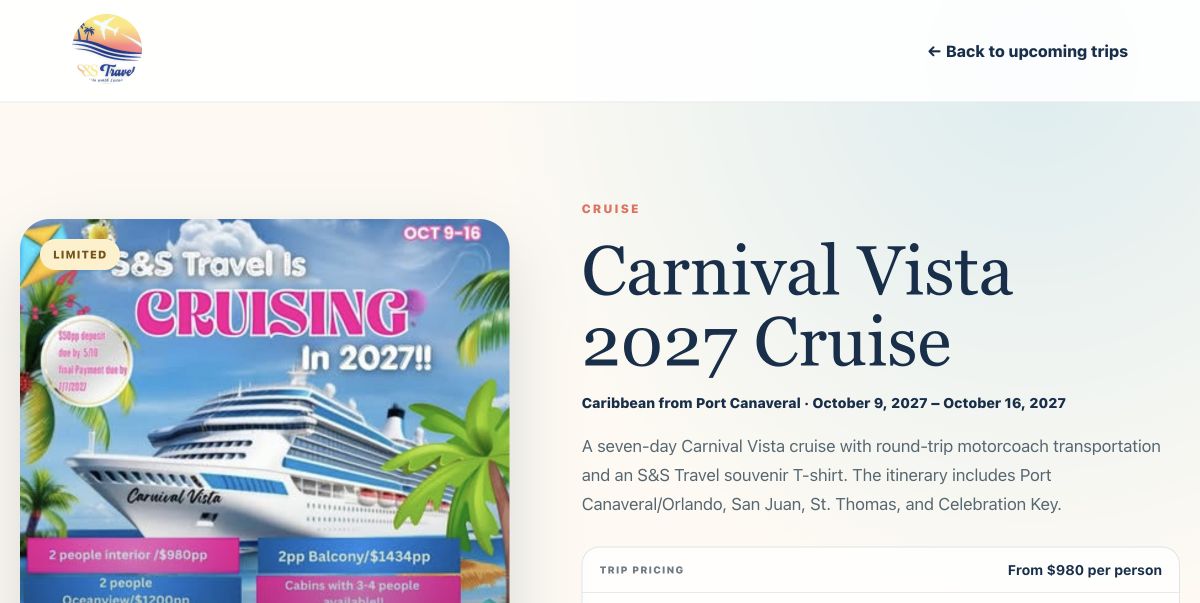 S and S Travel trip page interface